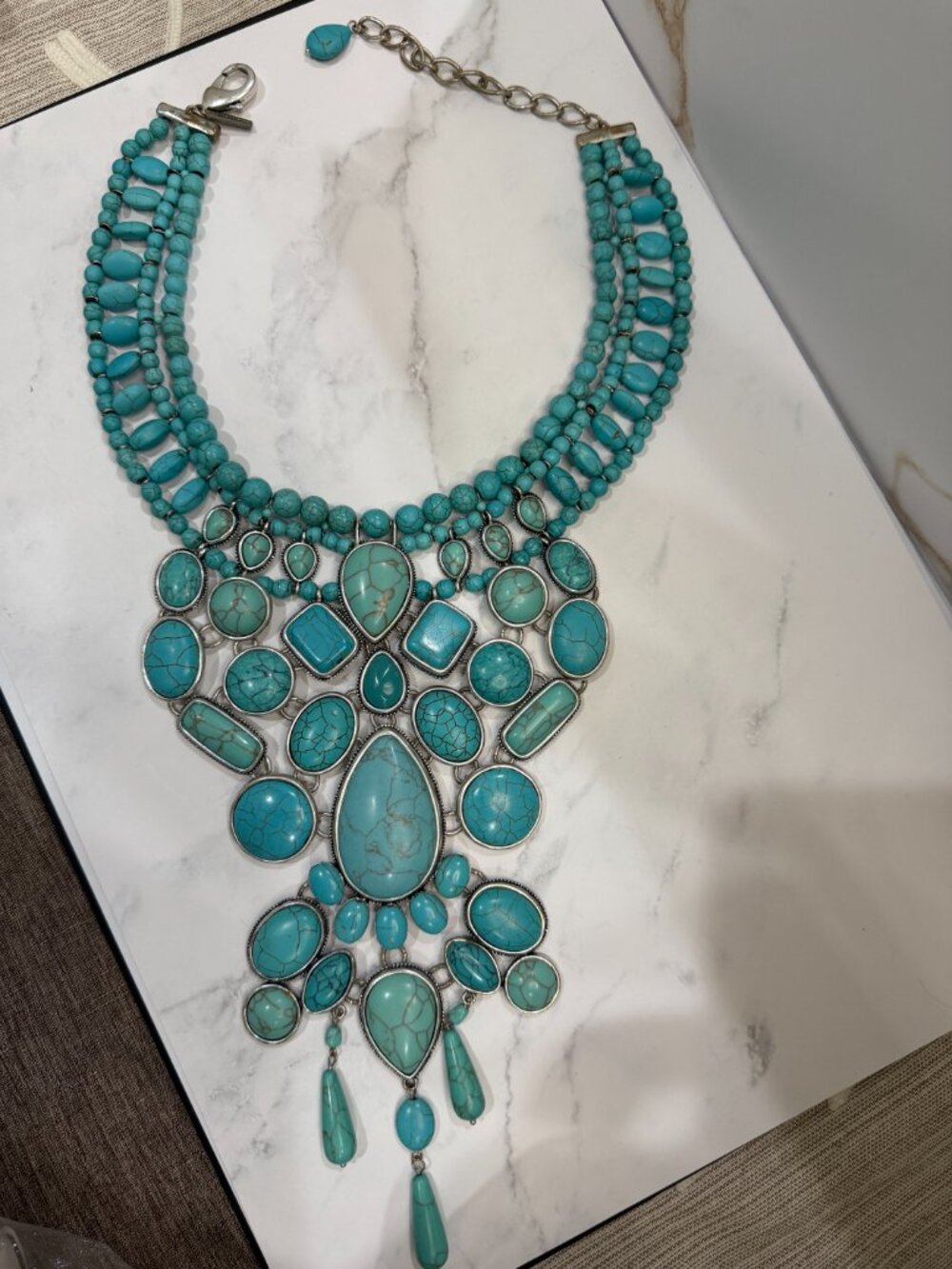 Chicos Collectibles Turquoise Stone Faux Matrix Multi Strand Bib Collar Necklace - Picture 3 of 10